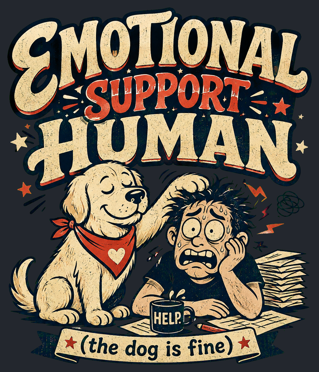Close-up of the Emotional Support Human artwork
