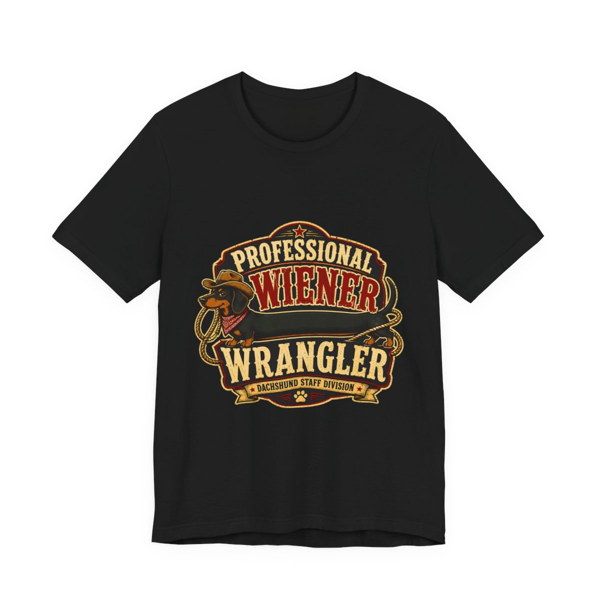 Professional Wiener Wrangler printed on a black heavyweight tee