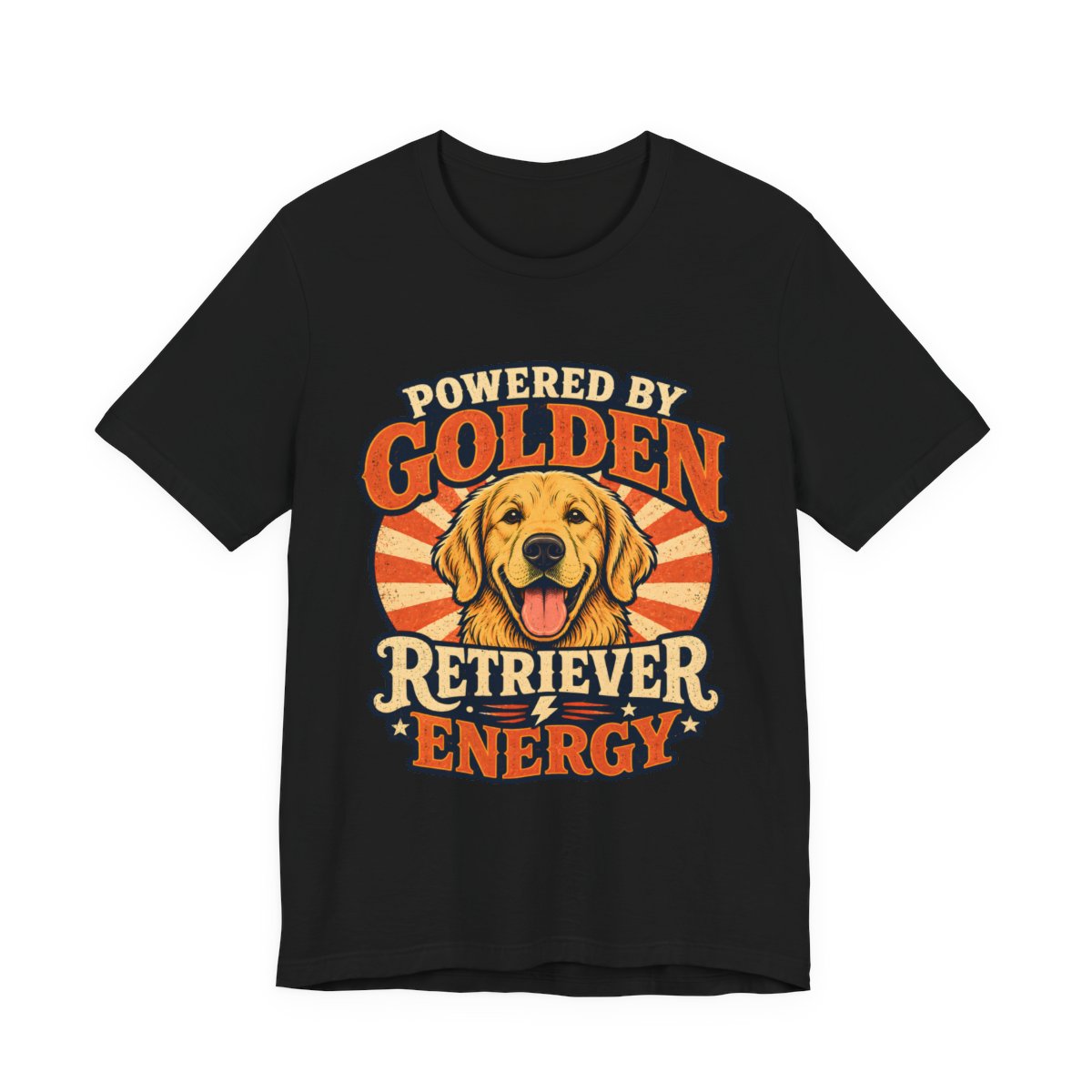 Powered by Golden Retriever Energy printed on a black heavyweight tee