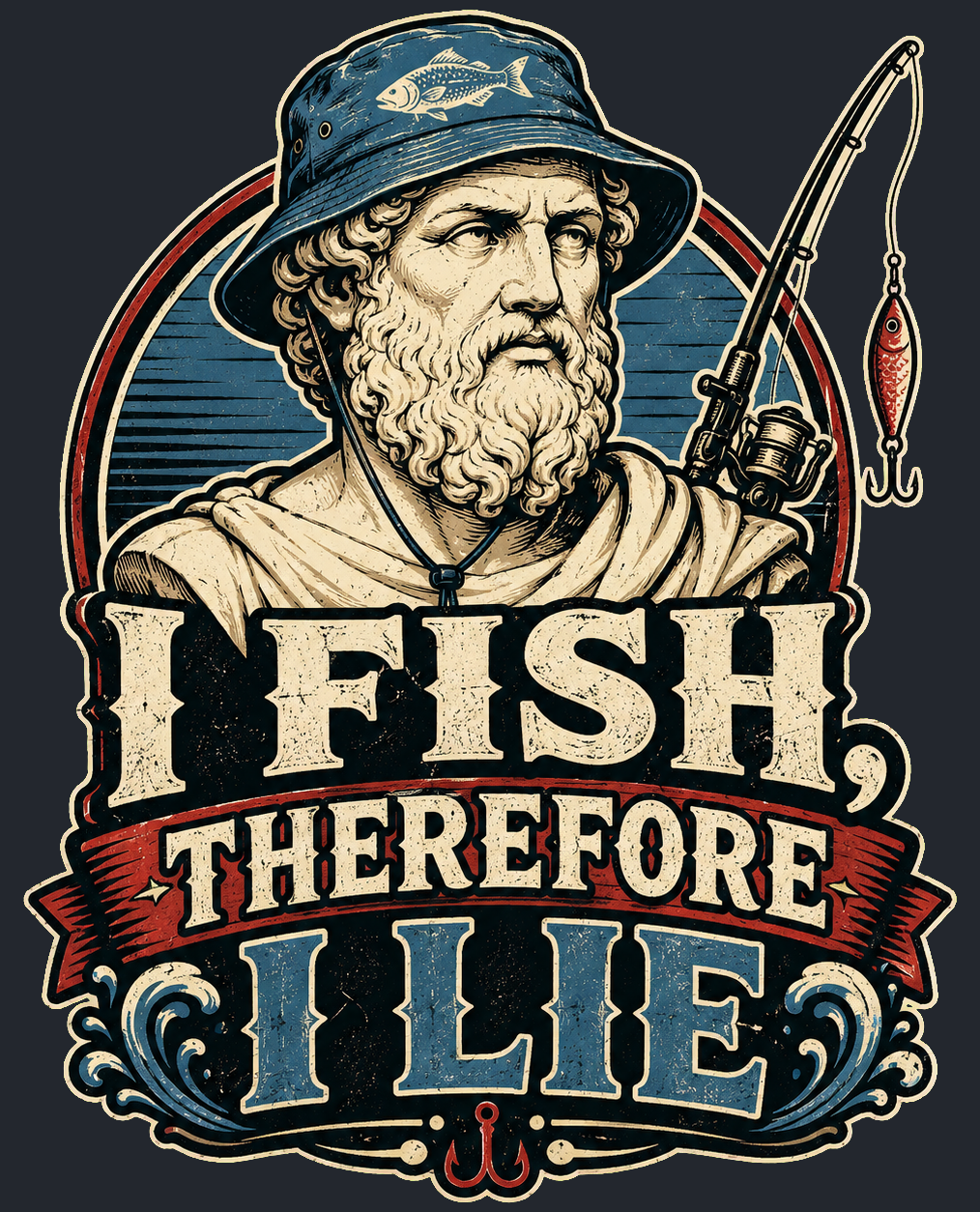 Close-up of the I Fish, Therefore I Lie artwork