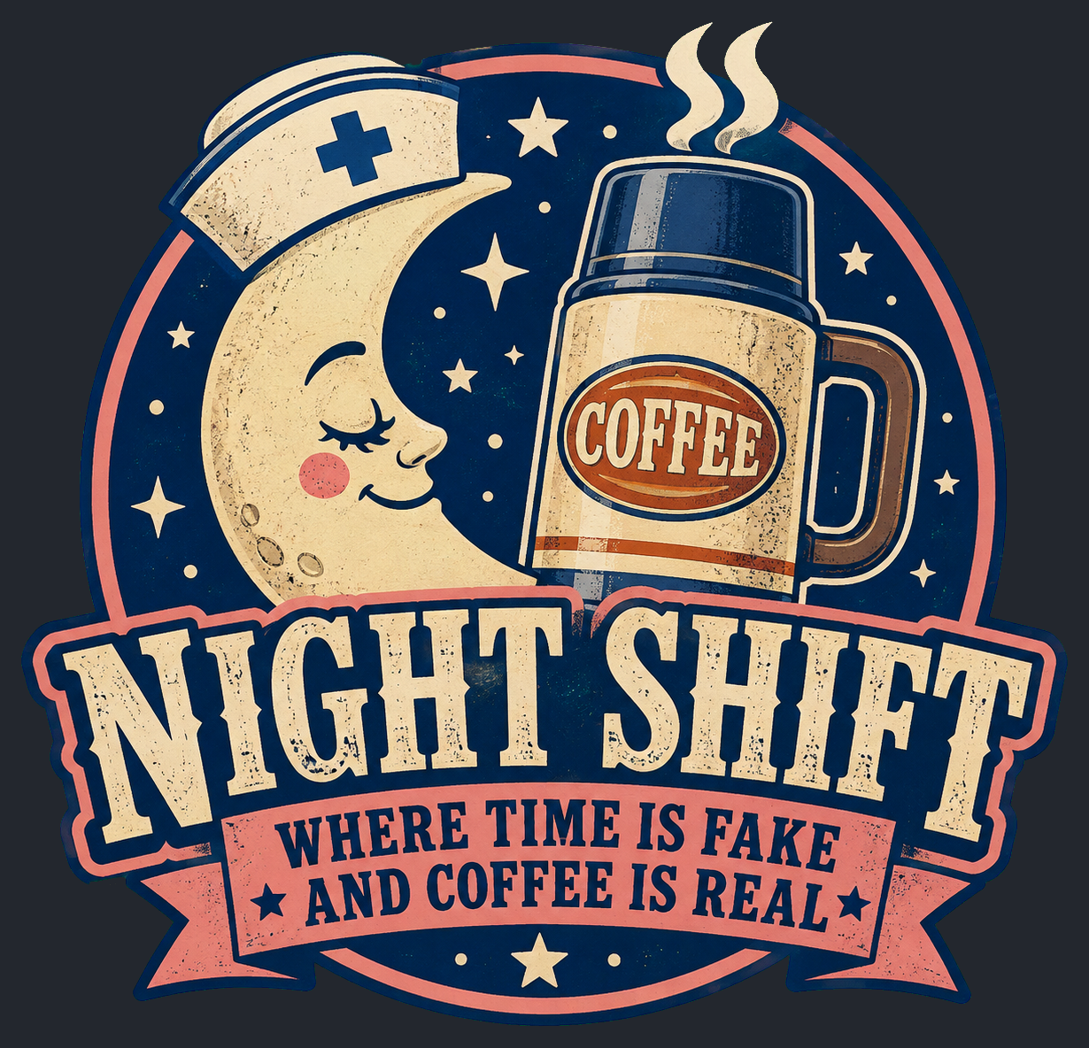 Close-up of the Night Shift — Where Time Is Fake and Coffee Is Real artwork