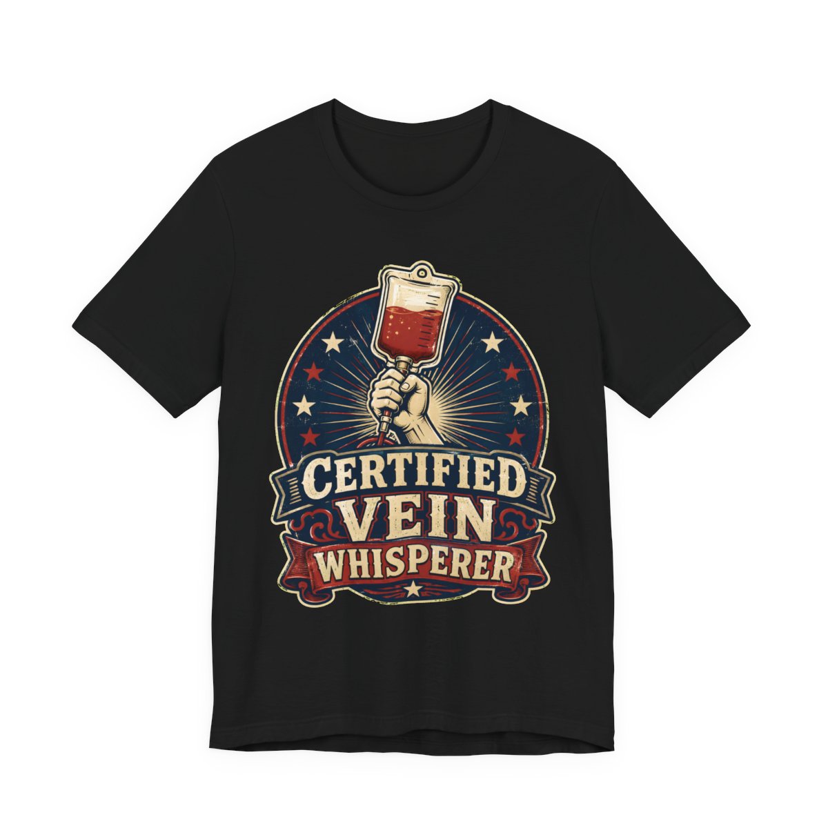 Certified Vein Whisperer printed on a black heavyweight tee