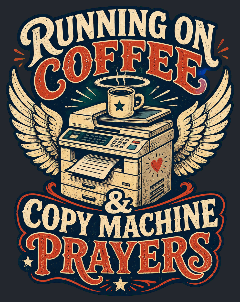 Close-up of the Running on Coffee & Copy Machine Prayers artwork