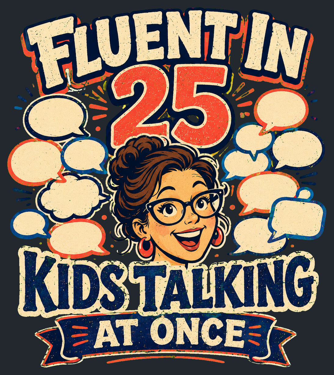 Close-up of the Fluent in 25 Kids Talking at Once artwork